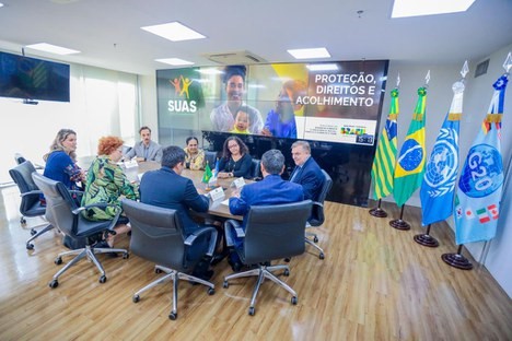 Foto mostra sala de reuniões no MDS, com 8 pessoas sentadas à mesa, bandeiras do lado direito e um telão ao fundo.