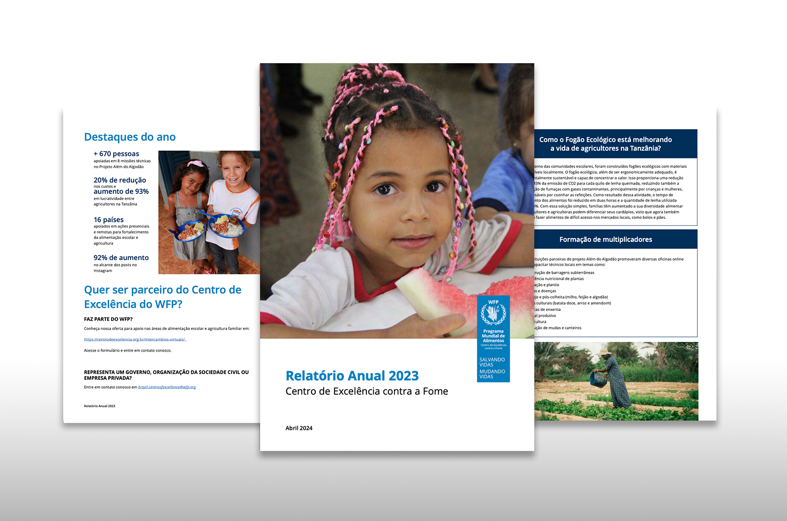 A imagem mostra duas páginas e a capa do Relatório anual de 2023 em uma montagem.